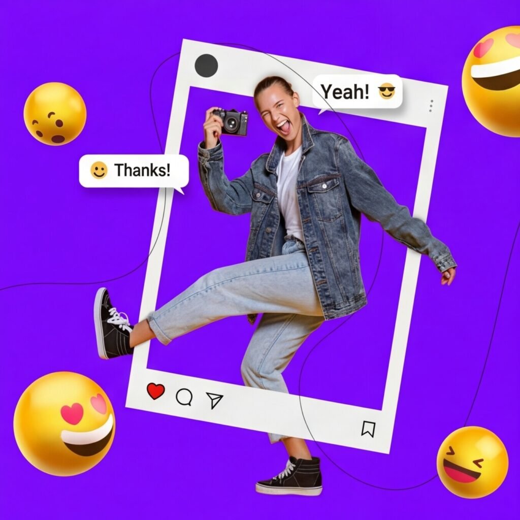 kobieta wychodząca z ramki na fioletowym tle